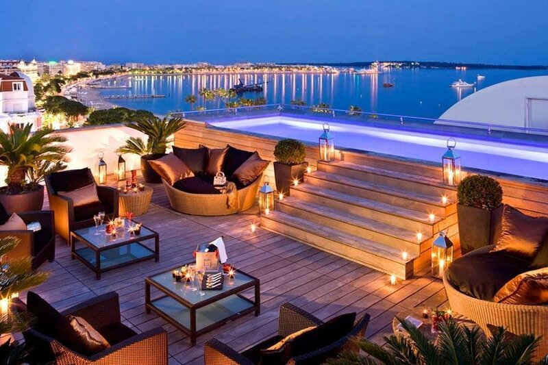 Rooftop Lounge at Night — Blue, Serene, Photograph