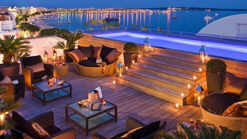 Rooftop Lounge at Night — Blue, Serene