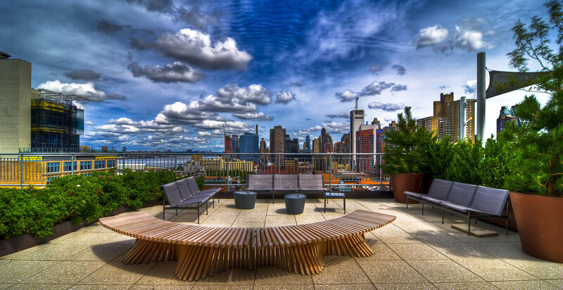 Rooftop lounge with city view