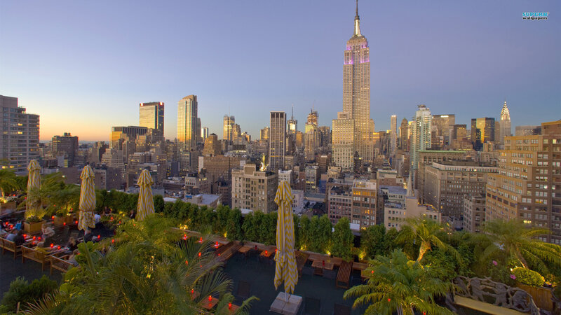 Rooftop Lounge with City View — Blue, Serene, Sunset