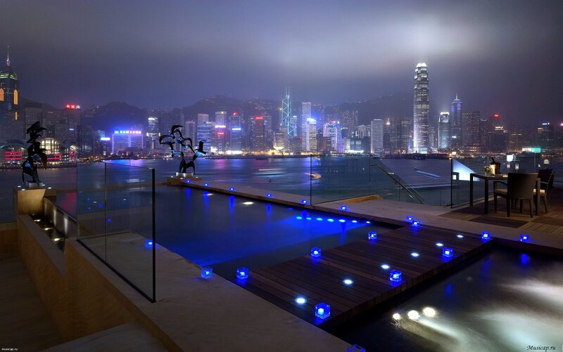 Rooftop Pool at Night — Blue, Serene, Photograph, City Skyline, Sculpture
