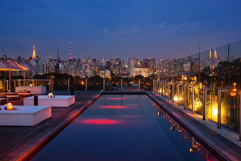 Rooftop Pool at Night — Blue, Serene, Photograph