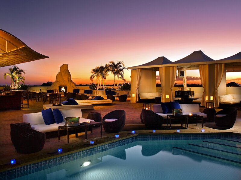 Rooftop Pool Lounge — Purple, Serene, Sunset, Photograph, Palm Trees