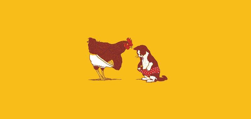 Rooster and Cat in Underwear — Yellow, Humorous, Illustration