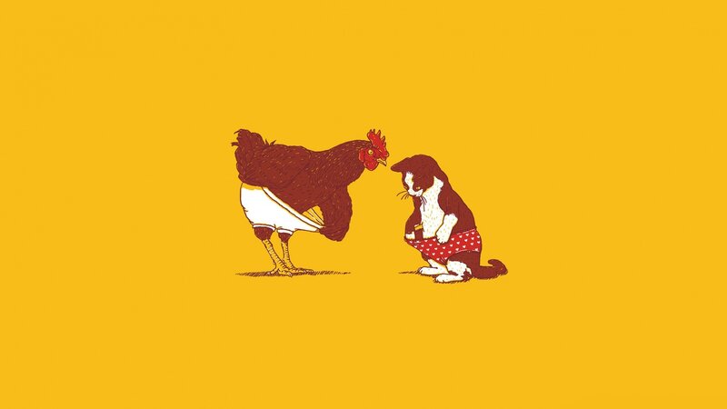 Rooster and Cat in Underwear — Yellow