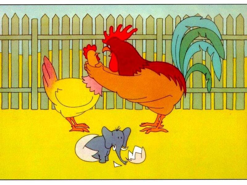Rooster and chicken with baby elephant