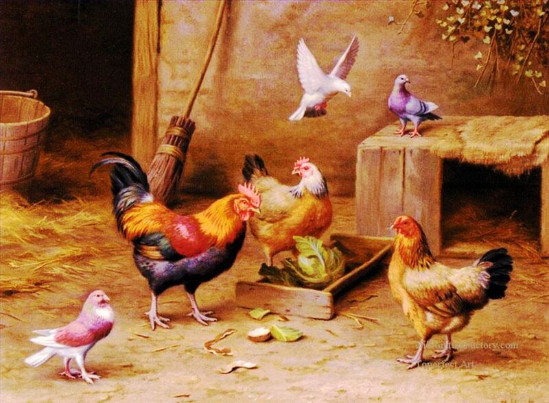Rooster and Chickens in Coop