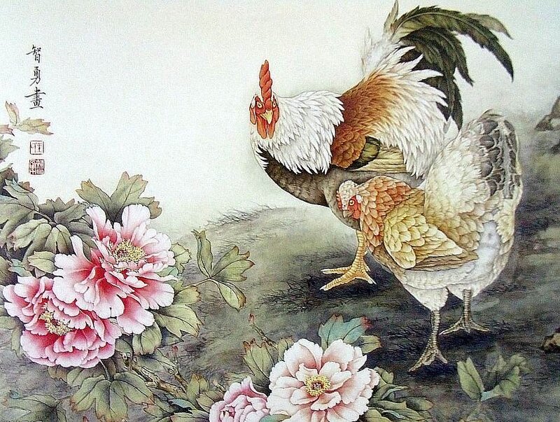 Rooster and Hen with Peonies