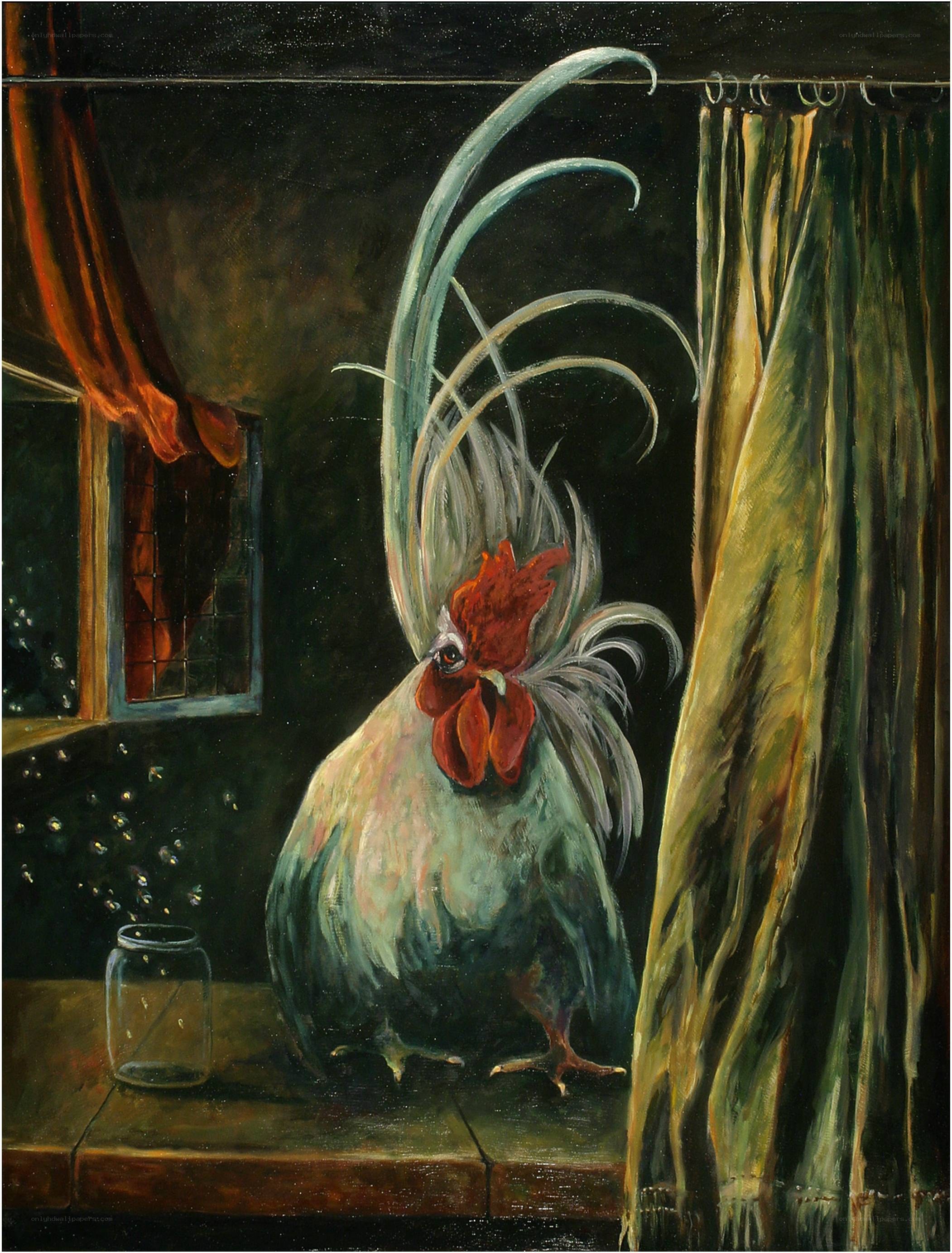 Rooster in a dimly lit room