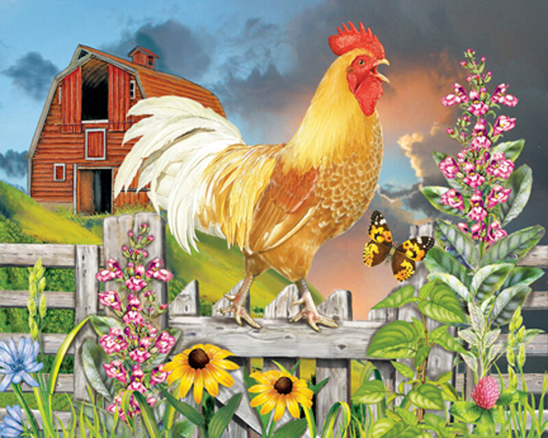 Rooster on Fence — Yellow