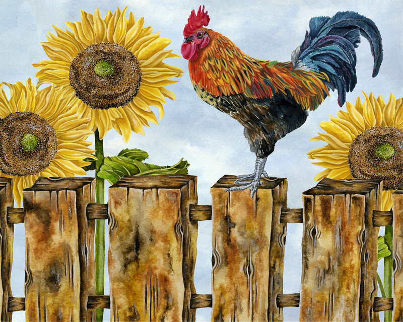 Rooster on Wooden Fence — Yellow