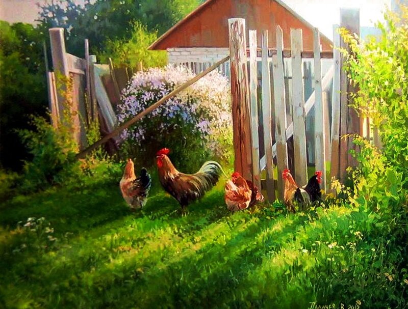 Roosters in Garden