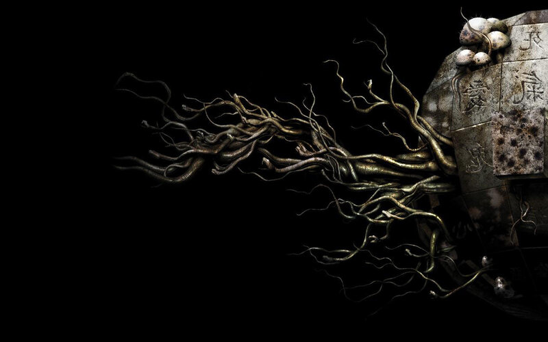 Roots growing from stone tablet