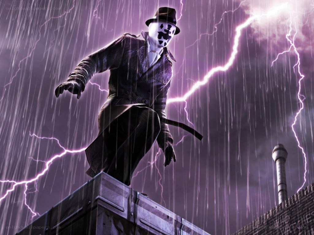 Rorschach on a rooftop in the rain