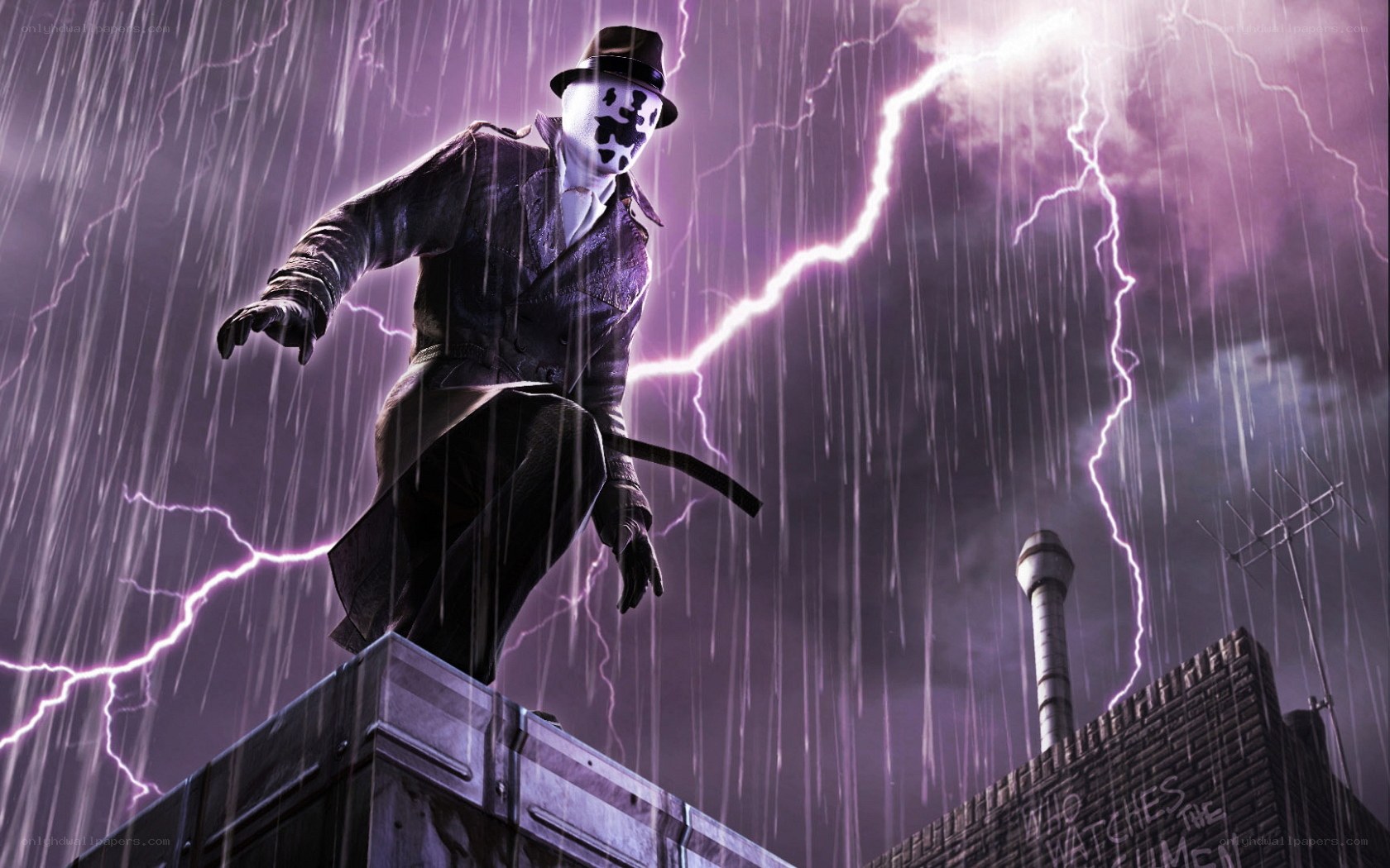 Rorschach on a rooftop in the rain