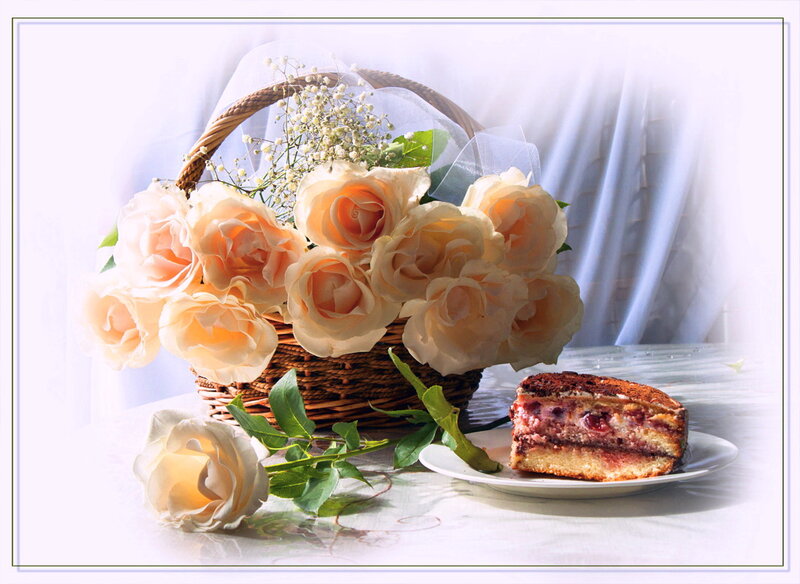 Rose Bouquet and Cake Slice