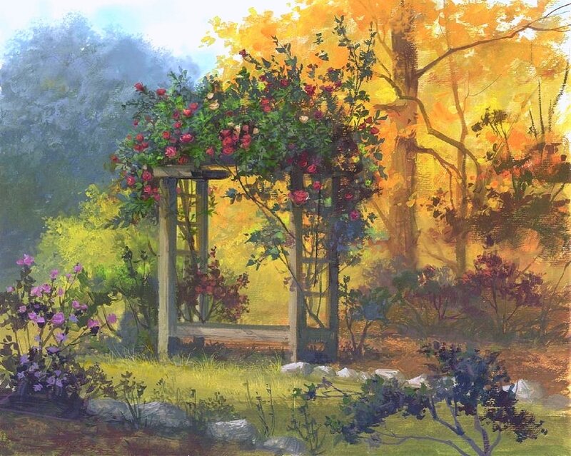 Rose-covered Arbor in Garden — Yellow