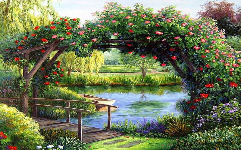 Rose-covered Arbor over Pond