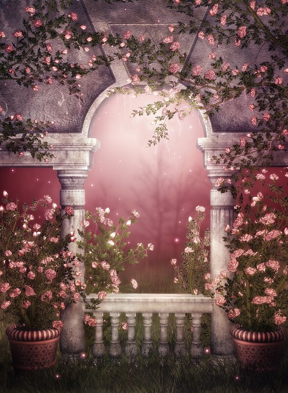 rose-covered stone archway