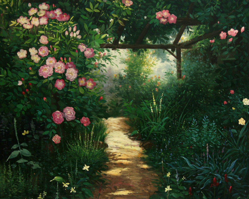 Rose Garden Path — Green, Serene, Afternoon, Painting