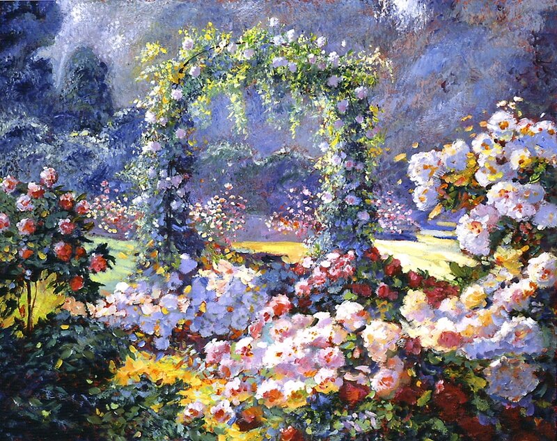 Rose Garden with Arbor — Green, Serene, Afternoon, Painting