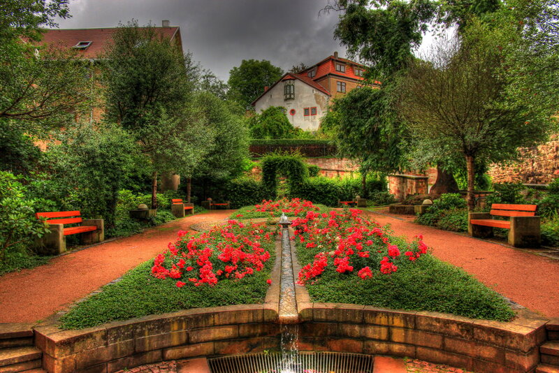 Rose Garden with Fountain — Red