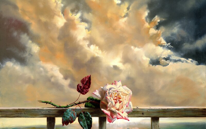 Rose on Wooden Railing — White, Dramatic, Painting
