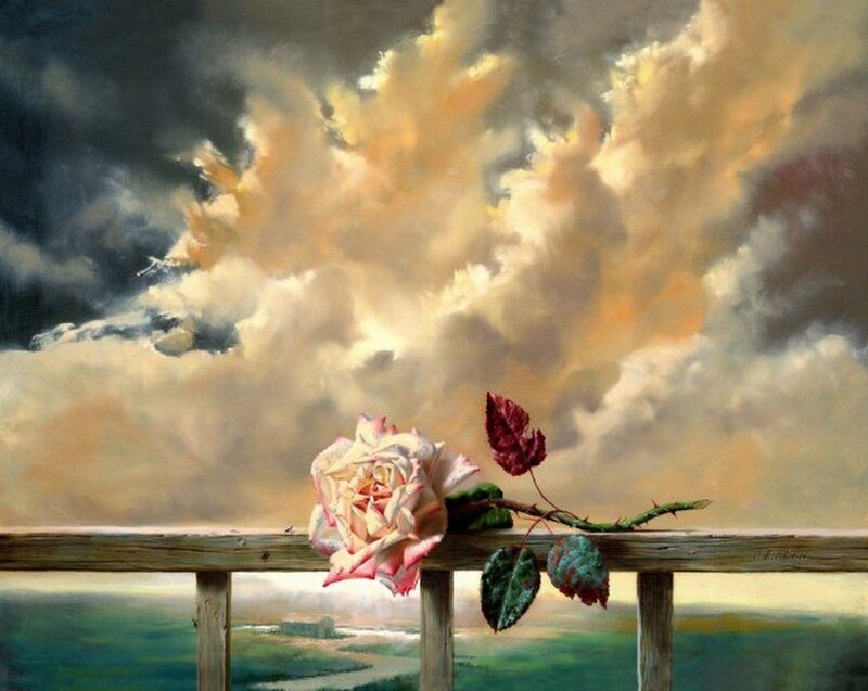 Rose on Wooden Railing — White, Dramatic, Sunset, Painting, Clouds, Landscape