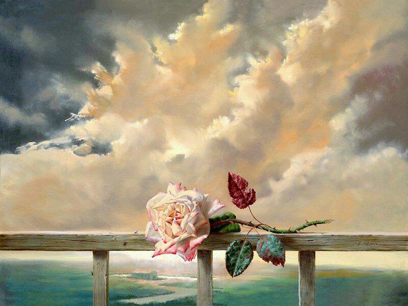 Rose on Wooden Railing — White, Dramatic
