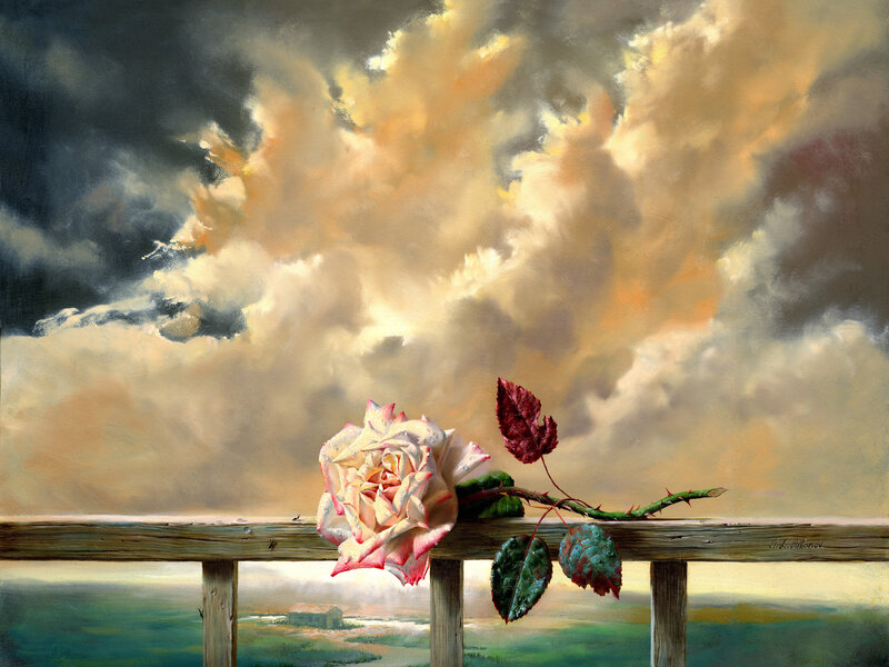 Rose on Wooden Railing — White