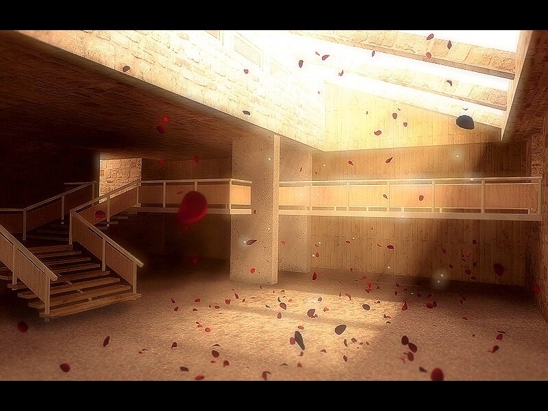 rose petals in a stone hall