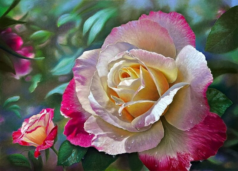 Rose with Water Droplets — Pink, Serene, Painting, Green Leaves