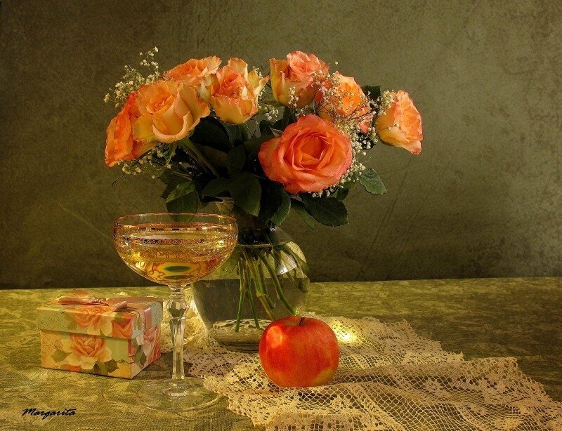 Roses and Apple on Table