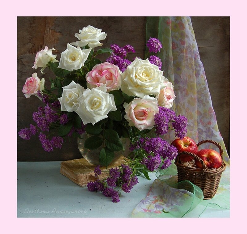 Roses and Apples in Basket — White