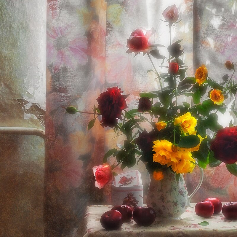Roses and Apples on Table — Red, Serene