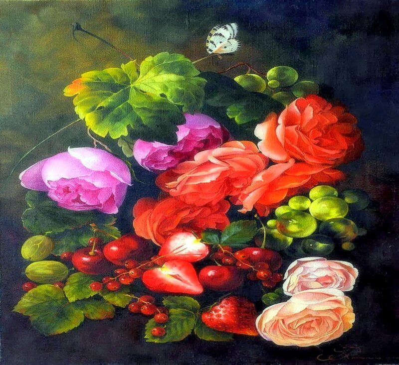 Roses and Berries Still Life