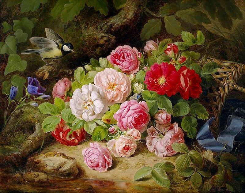Roses and Bird in Basket
