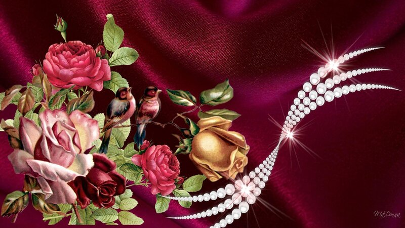 Roses and Birds on Fabric — Maroon