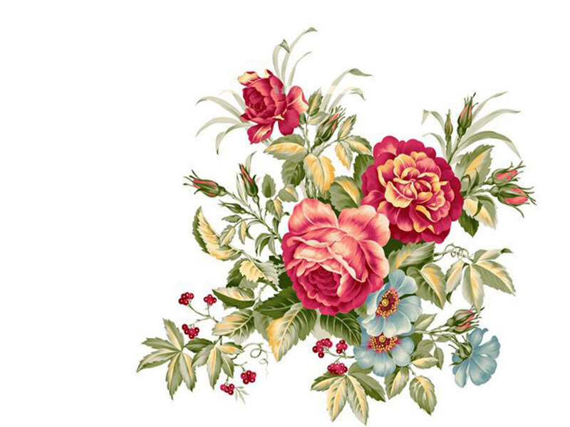 Roses and Blue Flowers — Red