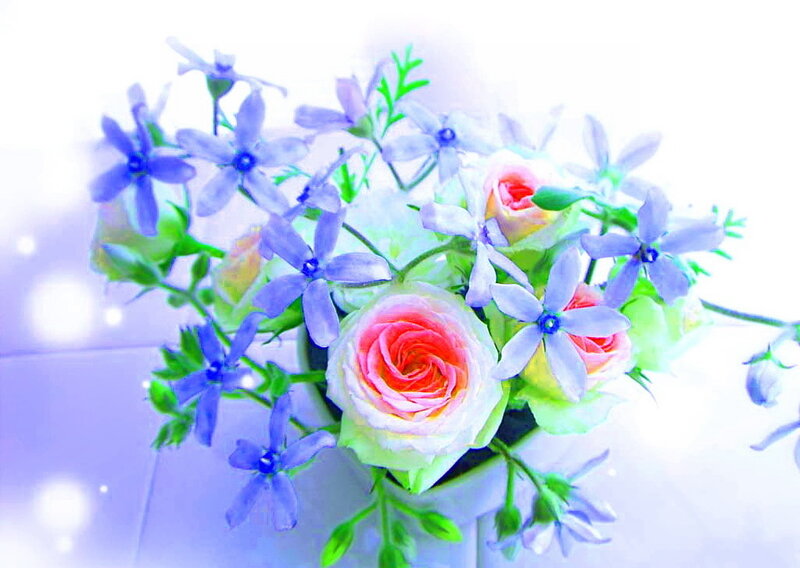 Roses and Blue Flowers