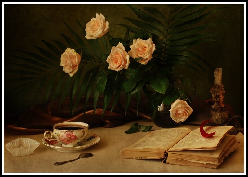 Roses and Book on Table