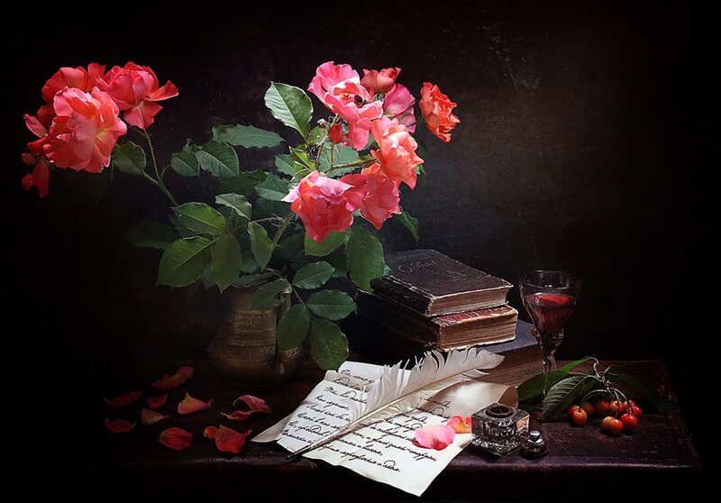 Roses and Books on Table — Black
