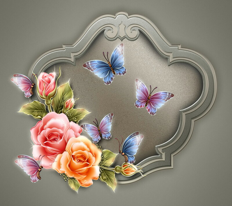 Roses and Butterflies — Pink, Elegant, Digital Art