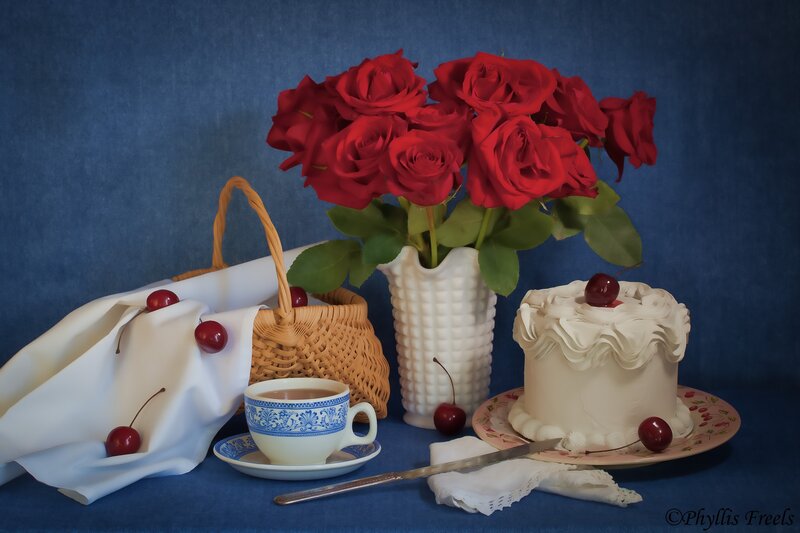 Roses and Cake on Table