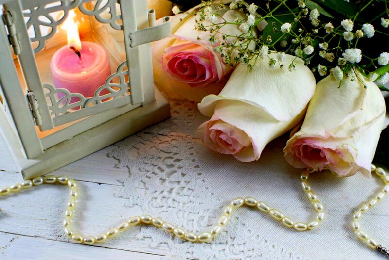 Roses and Candle on Table — White