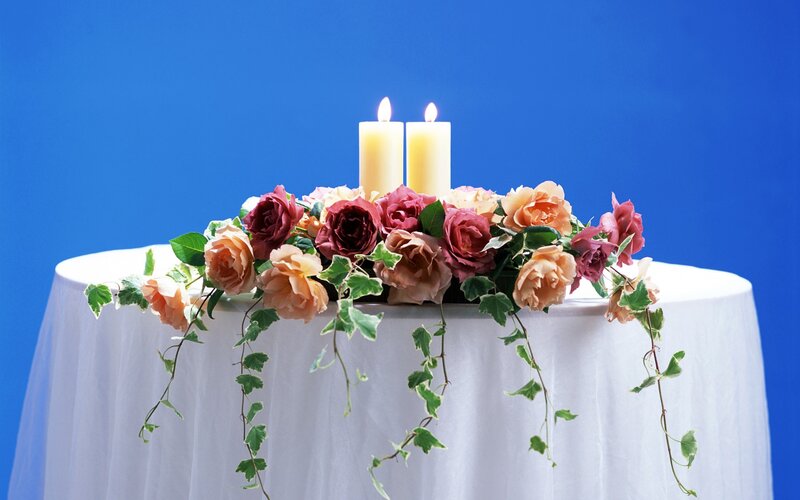 Roses and Candles on Table — Blue, Serene