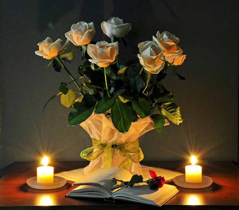 Roses and Candles on Table — White