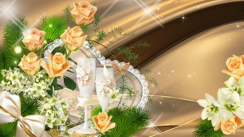 Roses and Champagne Glasses — Gold