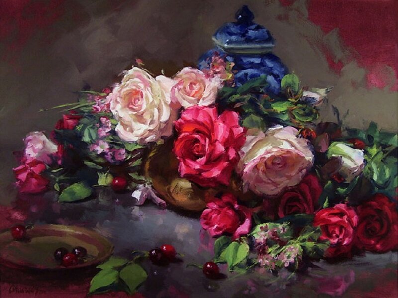Roses and Cherries in Vase