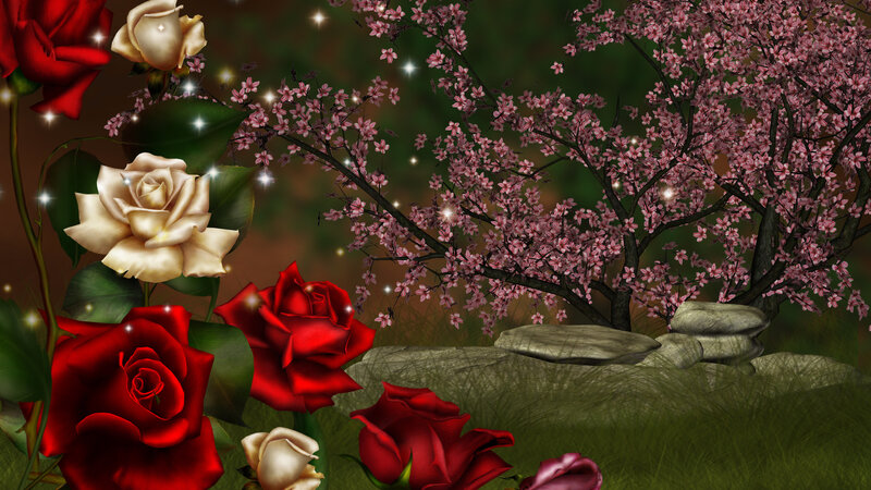 Roses and Cherry Blossoms — Red, Serene